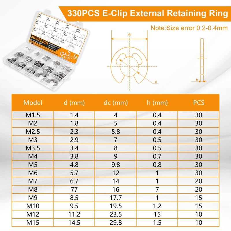 Juvielich E Clip Circlip Assortment Kit 330PCS 14 Size 304