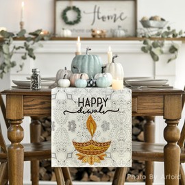 Artoid Mode Happy Diwali Table Runner, Festival of Light Marigold Holiday Kitchen Dining Table Decoration for Home Party Decor 13x72 Inch