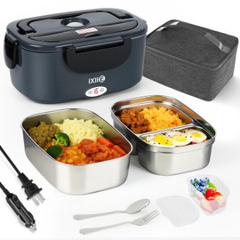 IXIIE Electric Lunch Box 80W Food Warmer for Work, 12V/24V/110V Portable Lunch Warmer for Adults with 2-Pack Stainless Steel Containers, Heated Lunch Box for Car/Truck/Office/Outdoors (Grey+Black)