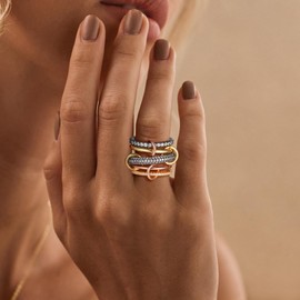 Decholly Gold Stackable Rings for Women, 18K Gold Plated Black Cubic Zirconia Rings, Rose Gold Multi Ring Mixed Metals Stackable Ring Set for Women Non Tarnish Size 7