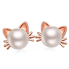 Cat Earrings Rose Gold Earrings for Women Cat Pearl Earrings Sterling Silver Pearl Stud Earrings Rose Gold Stud Earrings Silver Pearl Earrings Freshwater Cat Jewelry for Women Girls