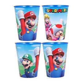 Golddunes 4pc Cups 260ml Cartoon Character Drinking Party Pack, Tumbler Re-Usable Plastic (Red and Blue Mario)