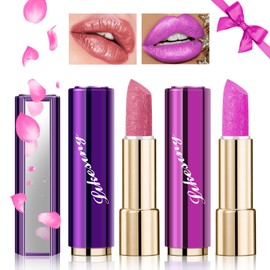 Likesing Set of 2 Glitter Lipstick Set, Lip Gloss, 24 Hour Hold, Matte Lipstick, Lip Gloss, Long Lasting Lipstick, Pink, Red Nude Lip Balm, Lip Gloss, Waterproof Make-Up, Women's Birthday Gift