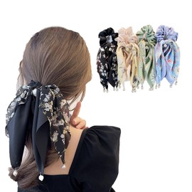 Hair Rubber Velour Ribbon, Scrunchy, Silk Hair Elastic Flower Pattern, Pearl, Bow, Hair Ornament, 4 Pieces, Cute, Stylish, Large, Gentle on Hair, Silk Hair Accessories, For Women Gift, Spring, Summer,