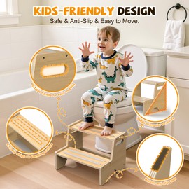 Uiirvdy Step Stool for Toddler, Sturdy Wooden 2-Step Stool with Anti-Slip Surface and Pads for Barthroom, Kitchen, Bedroom, Toilet, and Potty Training - 1 Pack