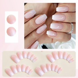 Viugex 24Pcs French Tip False Nails, Medium Coffin Pink White Gradient Press on Nails, Soft Gel Fake Nail Kit in 12 Sizes, Natural Acrylic Full Cover Stick on Nails Women Girls Nail Art Accessories