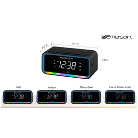 Emerson CKS1401 Smartset AM/FM Dual Alarm Clock Radio with 0.9” White LED Display with 4-Level Dimmer Control, USB-C Charging, and 2-Level Multi-Color LED Decor