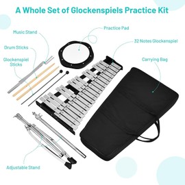 MEDIMALL 32 Notes Glockenspiel Kits, Percussion Xylophone with Adjustable Stand, Music Stand, 8” Practice Pad, Bell Mallets, Wood Drumsticks & Carrying Bag, Glockenspiel for Beginners & Professionals