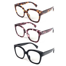 KoKoBin 3-Pack Oversize Retro Reading Glasses for Women，Blue Light Blocking Comfortable Readers Colored Stylish Frame(Black+leopard+Red leopard，1.50)
