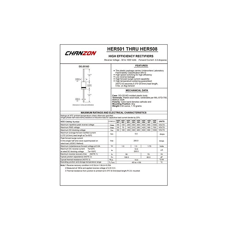 (Pack of 20 Pieces) Chanzon HER508 High Efficiency Rectifier Diode