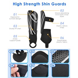 Youth Football Shin Guards, BROTOU High Strength Junior Shin Pads with Calf & Ankle Protection, Lightweight Design, Breathable, Non Slip Extended Adjustable Straps, for Boys and Girls (S, Black)