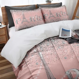 Culudea Paris Vintage France Comforter Set Full Size, Pink Diamond Eiffel Tower Soft Bedding Set with 2 Pillowcases for Girls Teens Kids Boys Adults Bedroom Bed Decor,1 Quilt 2 Pillow Cases