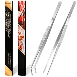 Gutsdoor Kitchen Tweezers Set Stainless Steel Tongs Tweezers Set of 2 with Precision Serrated Tips for Cooking and Medical (12 Inch Set)