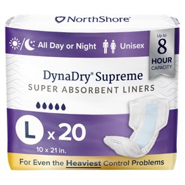NorthShore DynaDry Supreme Liners Incontinence for Women and Men, Large, Pack/20