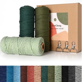 HanCheng 60 m x 3 mm Macrame Yarn Colourful Gradient Set of 3, Coloured Macrame Set with 3 Keyrings - Colour Gradient Green: Dark Green, Olive Green, Light Green