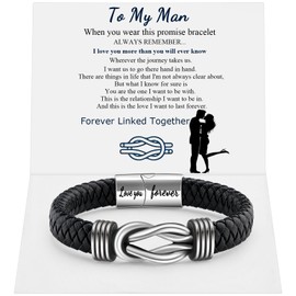 QWNHONEY Mens Leather Bracelet Infinity Knot Leather Bracelet forever Linked Together Bracelet Birthday Christmas Anniversary Bracelet Idea Mens Black Braided Cuff Bracelet 7.8 Inches