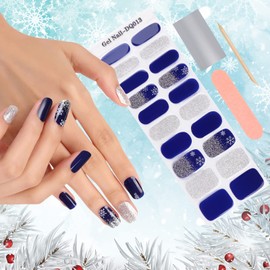 EBANKU Christmas Glitter Blue Gel Nail Strips - Long Lasting Waterproof Wraps With Stick, File, Wipes & Sealing (UV/LED Lamp Required)