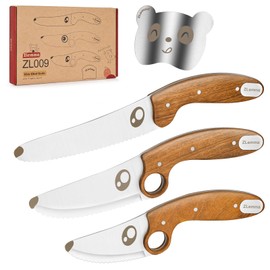 Kids Knife Set for Real Cooking with Educational Ring & Serrated Blade Edge & Panda Finger Guard 4-Pieces, Kids Chef Knife Set with Rosewood Handle Stainless Steel Blade For Starter Cutting Learning
