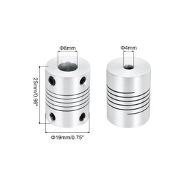QUARKZMAN Pack of 2 4 mm to 8 mm Aluminium Alloy Shaft Coupling L25 x D19 Flexible Clutch Beam Stepper Motor Joint Connector for 3D Printer CNC Machine DIY Encoder, Motor Shaft, Silver