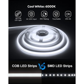ALITOVE COB LED Strip 3 m Cool White 6000 K LED Strip Outdoor Waterproof 230 V Plug with Switch for Bedroom Garden Patio Pool DIY Lighting and Home Decoration