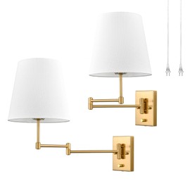 HYDELITE Gold Swing Arm Wall Lamp Brass Wall Sconces with Linen Shade