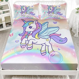 Axolotl Unicorn Sheets Full,Cute Unicorn Sheets Set Rainbow Bedding Sheet,Unicorn Fitted Sheet Kawaii Unicorn Bedding Set Cloud Bubble for Girls Kids Teens,1 Flat Sheet 1 Fitted Sheet 2 Pillowcases