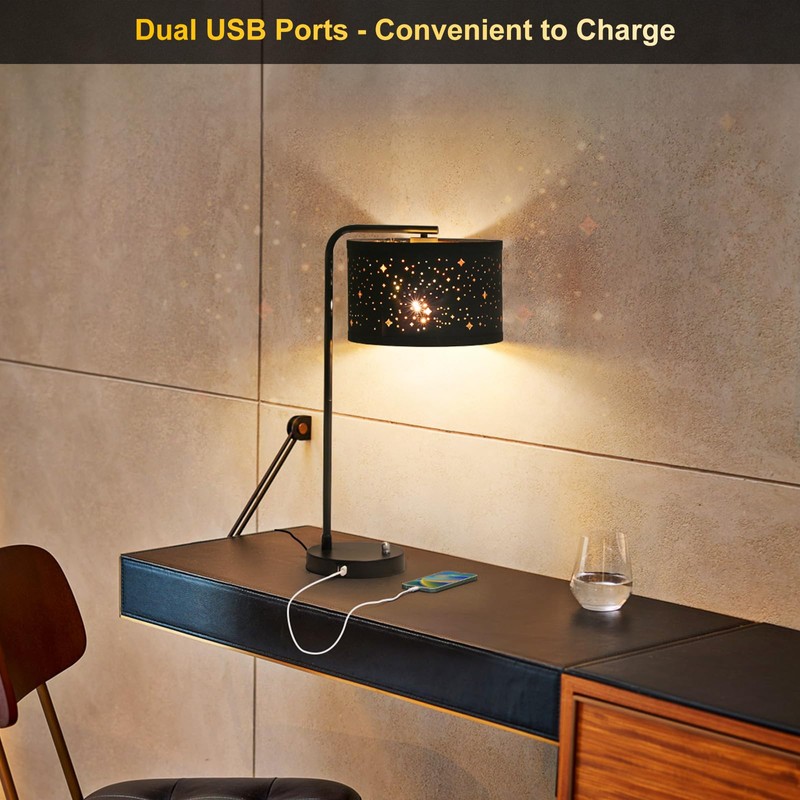 Bedside Table Lamp, Fully Dimmable Table Lamp with 2 USB