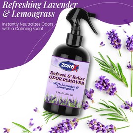 Zorbx Refresh & Relax Odor Remover Spray w/Lavender & Lemongrass — Air Freshener Odor Absorber for Home, Clothes, Kitchen, Room, Fabric, Furniture, Cars (8 Fl Oz, 2 Pack)
