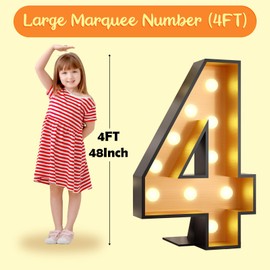 4FT Marquee Light Up 4 Numbers,Black Gold Giant Marquee Mosaic Numbers Marquee Frame Numbers for 4th Birthday Decorations, Birthday Party,Mosaic Number 4,DIY Frame Pre-Cut Foam Board Kit