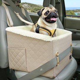 PETSFIT Puppy Car Seat, Cat Car Seat, Soft Foam Dog Booster Car Seat with Patent Safe Buckles, Storage Pockets and Detachable Dog Seat Belt for Car, Dog Car Seats for Small Dogs up to 30 LBS (Khaki)
