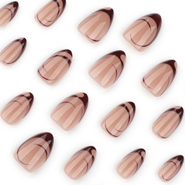 French Tip Press on Nails Medium Almond Reusable Fake Nails with Glue Wine Red Stripes Stick on Nails Full Cover Nude Glossy False Nails for Women DIY Manicure Decoration 24PCS