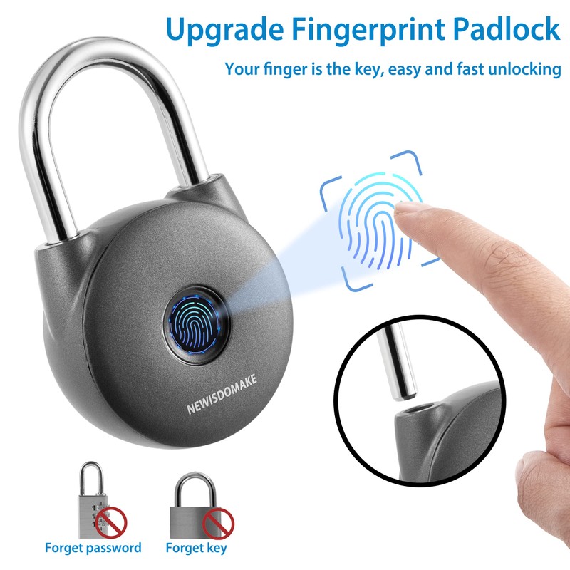 Newisdomake Fingerprint Padlock, Smart Lock with Key Backup, Waterproof for