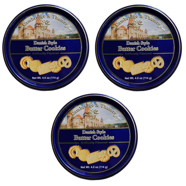 Cambridge and Thames Danish Butter Style Butter Cookies - 4 Oz. Mini Gift Tin - 3 Pack