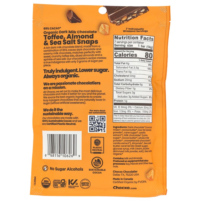 CHOCXO Organic Toffee Almond 69% Dark Milk Chocolate Snaps, 3.45