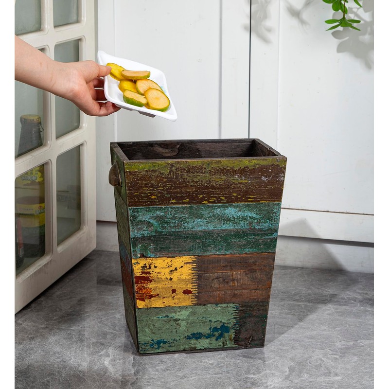 TIMRIS Small Wood Trash Can Wastebasket, Farmhouse Rectangular Garbage Can