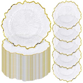 50Pcs Gold Charger Plates Round 13inch, Clear with Gold Rim, Reef Charger Plate for Dinner, Bulk Plastic Floral Table Charger Plates for Dinner Wedding Party Event