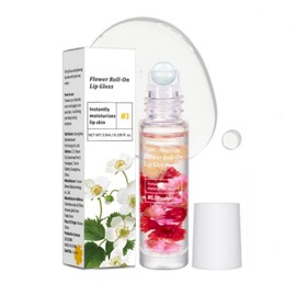 Brillo labial en roll-on con aroma a flores, contiene flores reales, brillo labial duradero, no pegajoso, sabor a frutas, aceite labial transparente hidratante y humectante para labios secos (C, M)