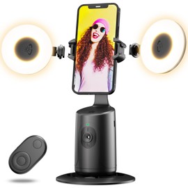 Auto Face Tracking Tripod, 360° Rotation Auto Tracking Phone Holder with 2 Cold Shoes, No App, Rechargeable Phone Camera Mount with Remote and Gesture Control for Video Recording