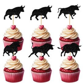 Cow Cupcake Topper Cheer to Western Bullfight Theme Party Favors Decorations Men Women Kids Happy Birthday Party Decor Supplies set 18pcs Black Silhouette Glitter