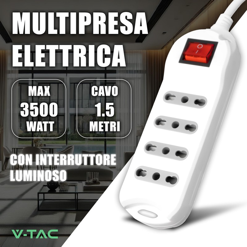 V-TAC Power Strip with Switch and Cable of 1.5 Metres,