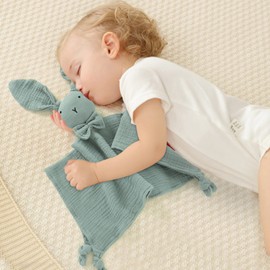 Baby Lovey Muslin Security Blankets Cotton Green Bunny Babies Lovie Soft & Breathable Infants Gift for Boy Girls,15 * 15 Inch