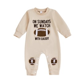 Baby Boy Football Outfit Newborn Rugby Letter Embroidery Romper Long Sleeve Bubble Onesie Overalls Fall Winter Clothes (Khaki, 3-6 Months)