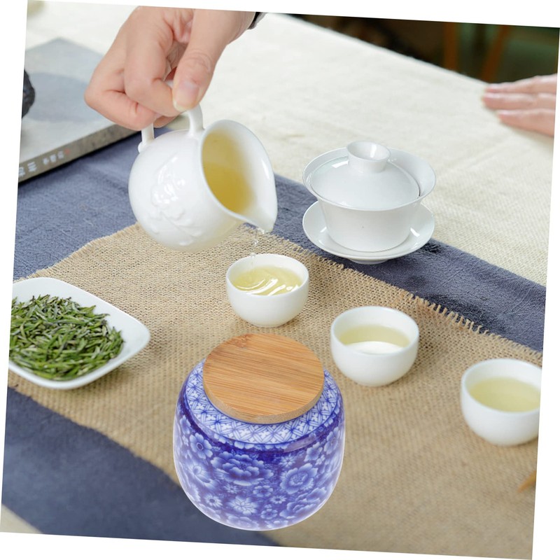 CIYODO Ceramic Tea Canister with Wooden Lid Airtight Sealed Tea