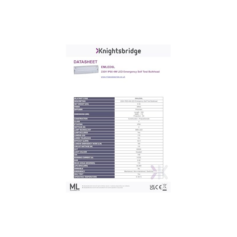 Knightsbridge 230V IP65 4W LED Emergency Self Test Bulkhead