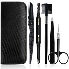 GiBot 5-Piece Eyebrow Set, Stainless Steel Tweezers, Eyebrow Scissors, Eyebrow Brush, Eyebrow Razor, Eyebrow Pencil and Travel Case for Men and Women