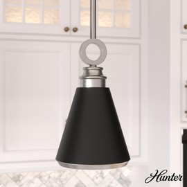 Hunter - Klein 1-light Brushed Nickel, Mini Pendant Light, Dimmable, Casual Style, Cone Shaped, for Bedrooms, Kitchens, Dining, Living Rooms - 19443