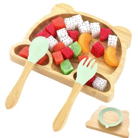 Coptiner Children's Dinner Plate with Secure Suction|Baby Toddler Plate for Weaning and Feeding|Natural Bamboo Divided Plates, Forks & Spoons Set for Babies from 3 Months (Bear)