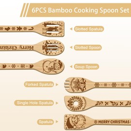GLOBLELAND 6Pcs Christmas Santa Clause Bamboo Cooking Utensils Wooden Engraved Cooking Spoons Set Carving Kitchen Bamboo Spatula Set Wood Cooking Spoon for Kitchen House Warming Gift