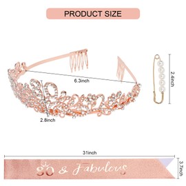 Norbiariz 80th Birthday Crown and Sash Set for Women, Rose Gold 80th Birthday Party Decorations Gifts Crystal Birthday Tiara