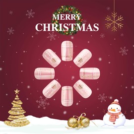 Medium Christmas Press on Nails White Snowflake Stripe False Nails with Pink Design Glossy Winter Xmas Square Acrylic Glue on Nails for Women Girls